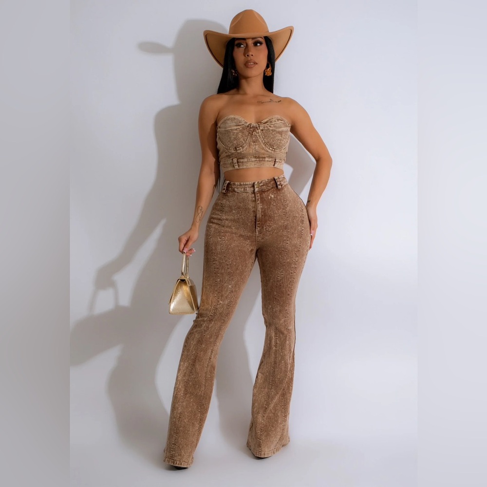 All The Details Denim Bustier and Pants Two Piece Set - Brown - Size Medium